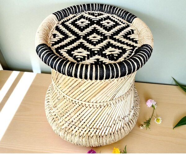 Natural Bamboo Stool Chair Mudda Stool with Black & Beige (15X15) Mudda, Muddi